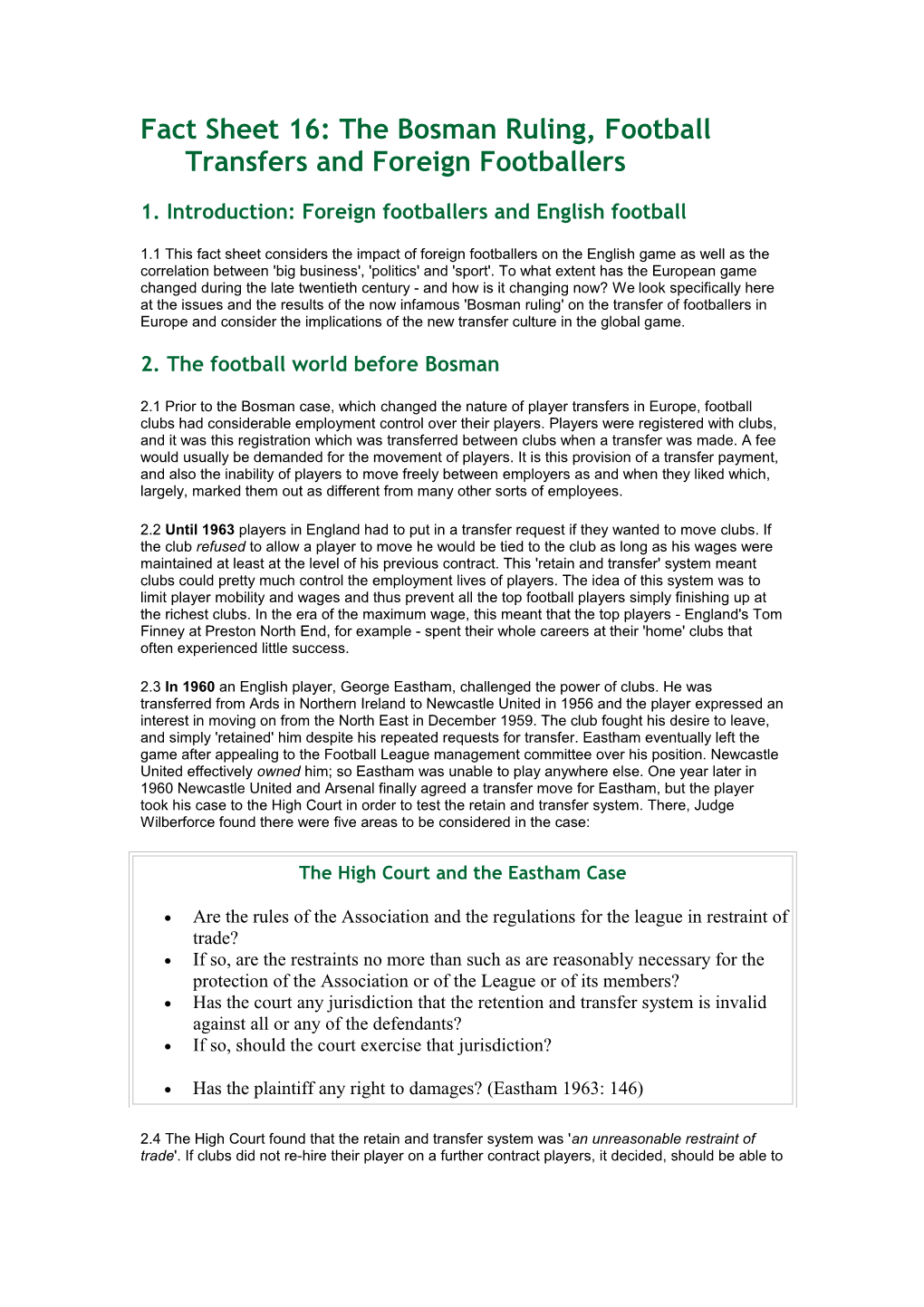 Fact Sheet 16: the Bosman Ruling, Football Transfers and Foreign Footballers