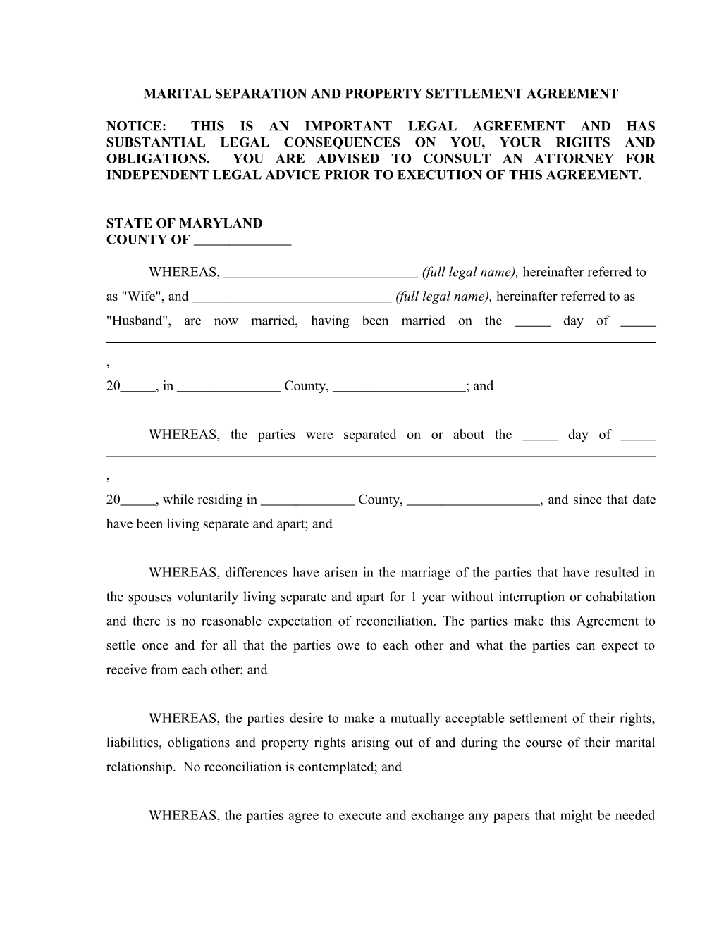 Marital Separation and Property Settlement Agreement