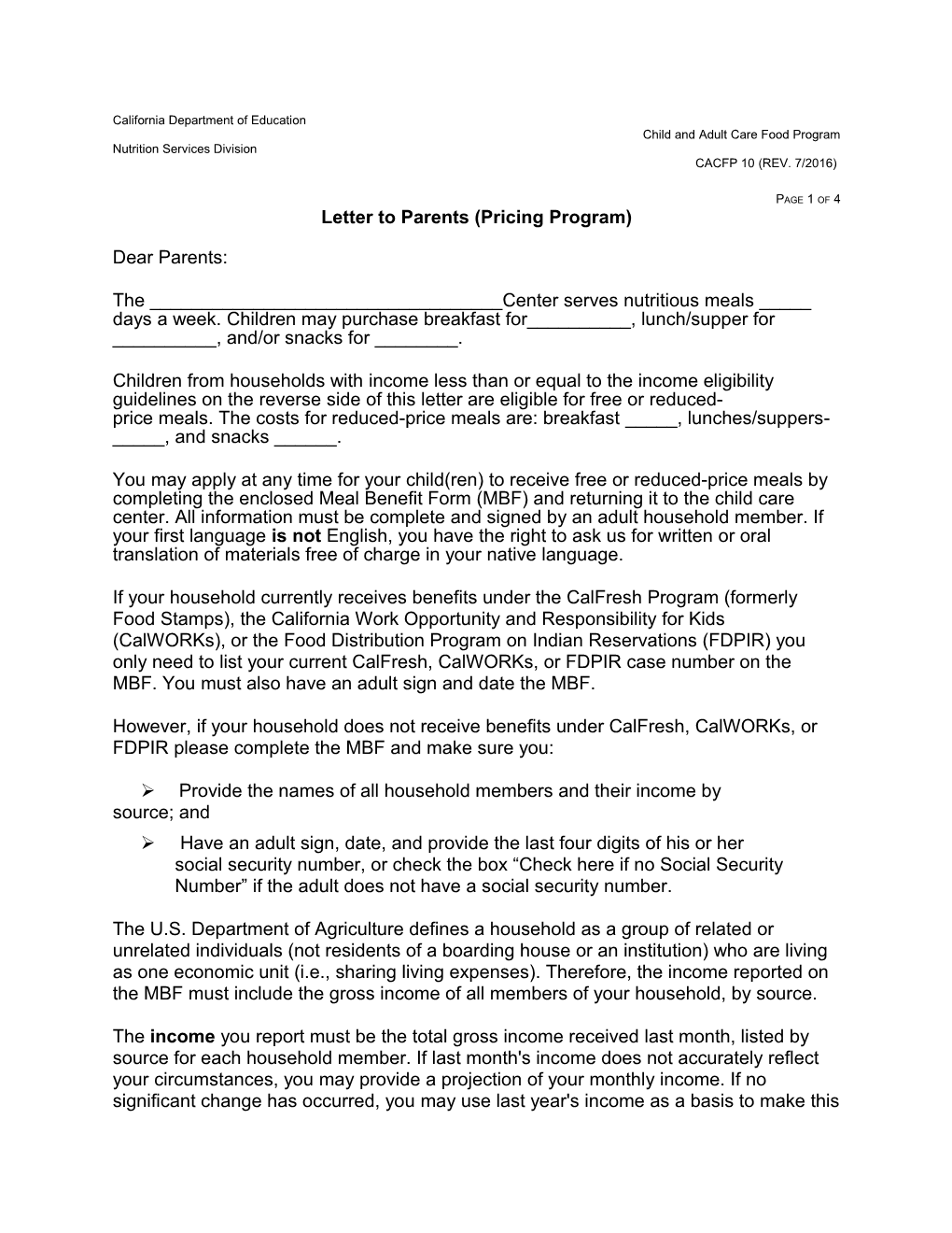 Letter to Parents, Pricing - Child and Adult Care Food Program (CA Dept of Education)