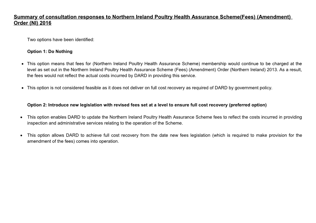 Summary of Consultation Responses to Northern Ireland Poultry Health Assurance Scheme(Fees)