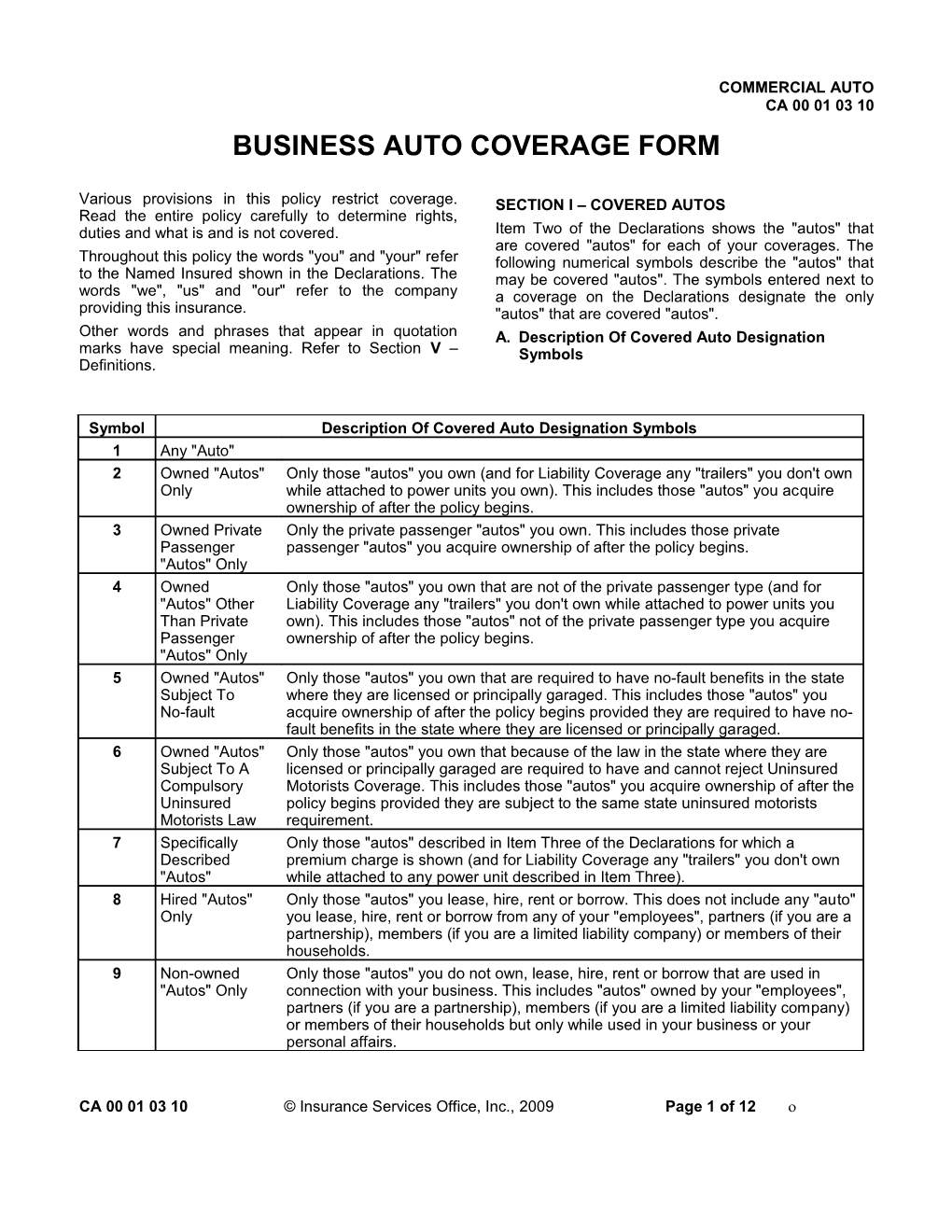 Business Auto Coverage Form