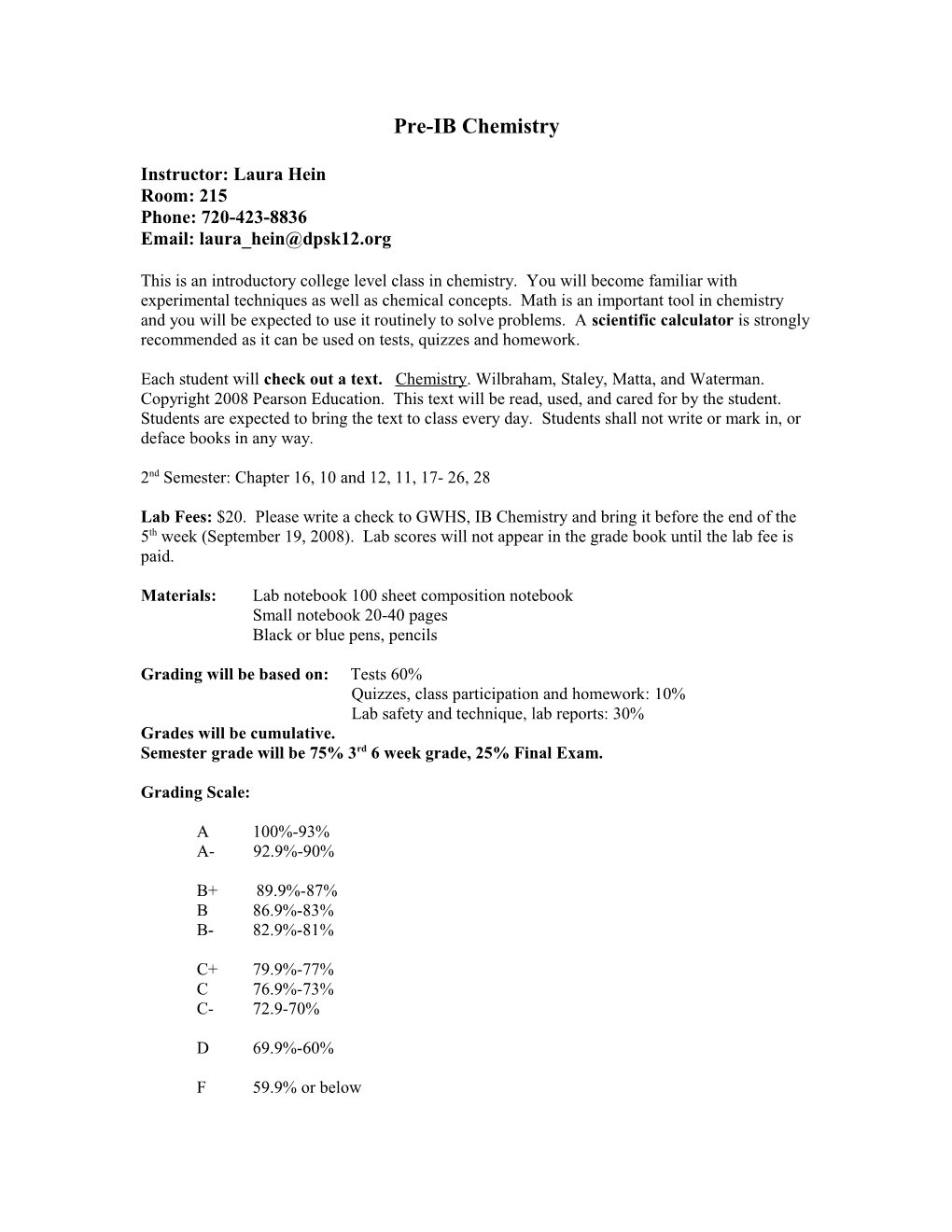 Pre-IB Chemistry Syllabus