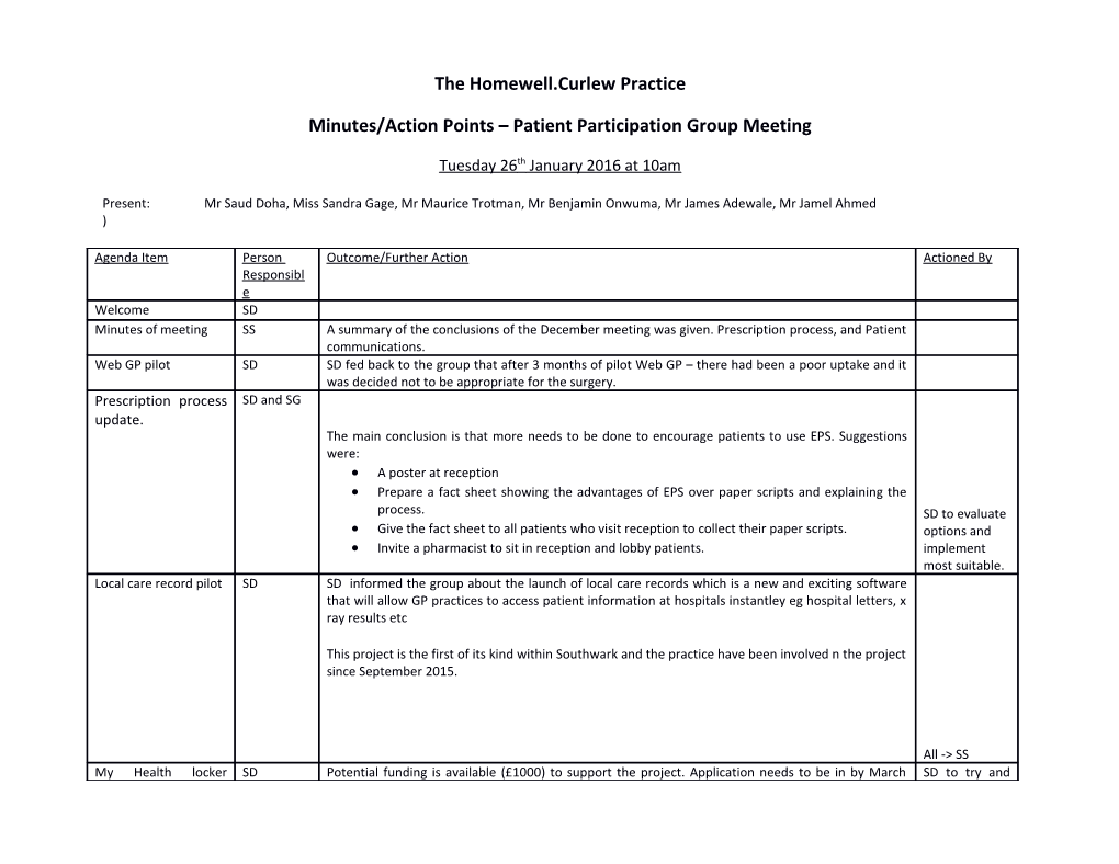 Minutes/Action Points Patient Participation Group Meeting