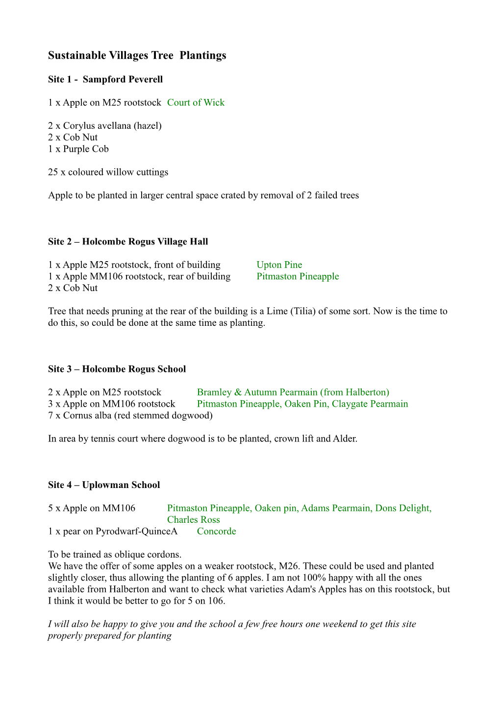 Sustainable Villages Proposed Plantings