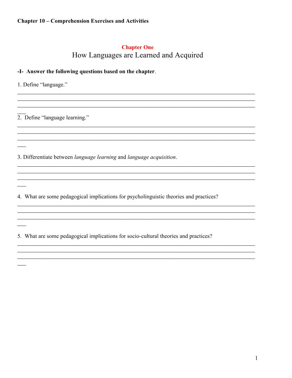 Chapter 10 Comprehension Exercises and Activities