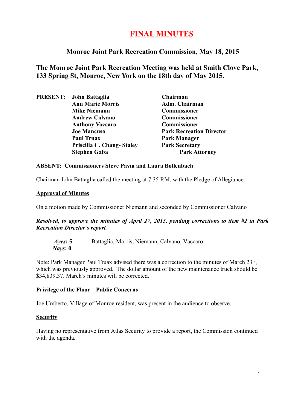 Monroe Joint Park Recreation Commission, May 18, 2015