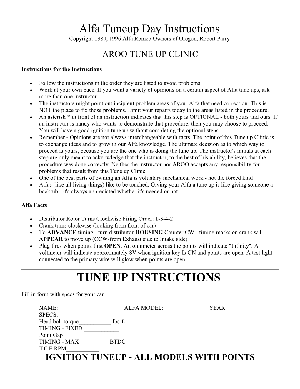 Alfa Tuneup Day Instructions