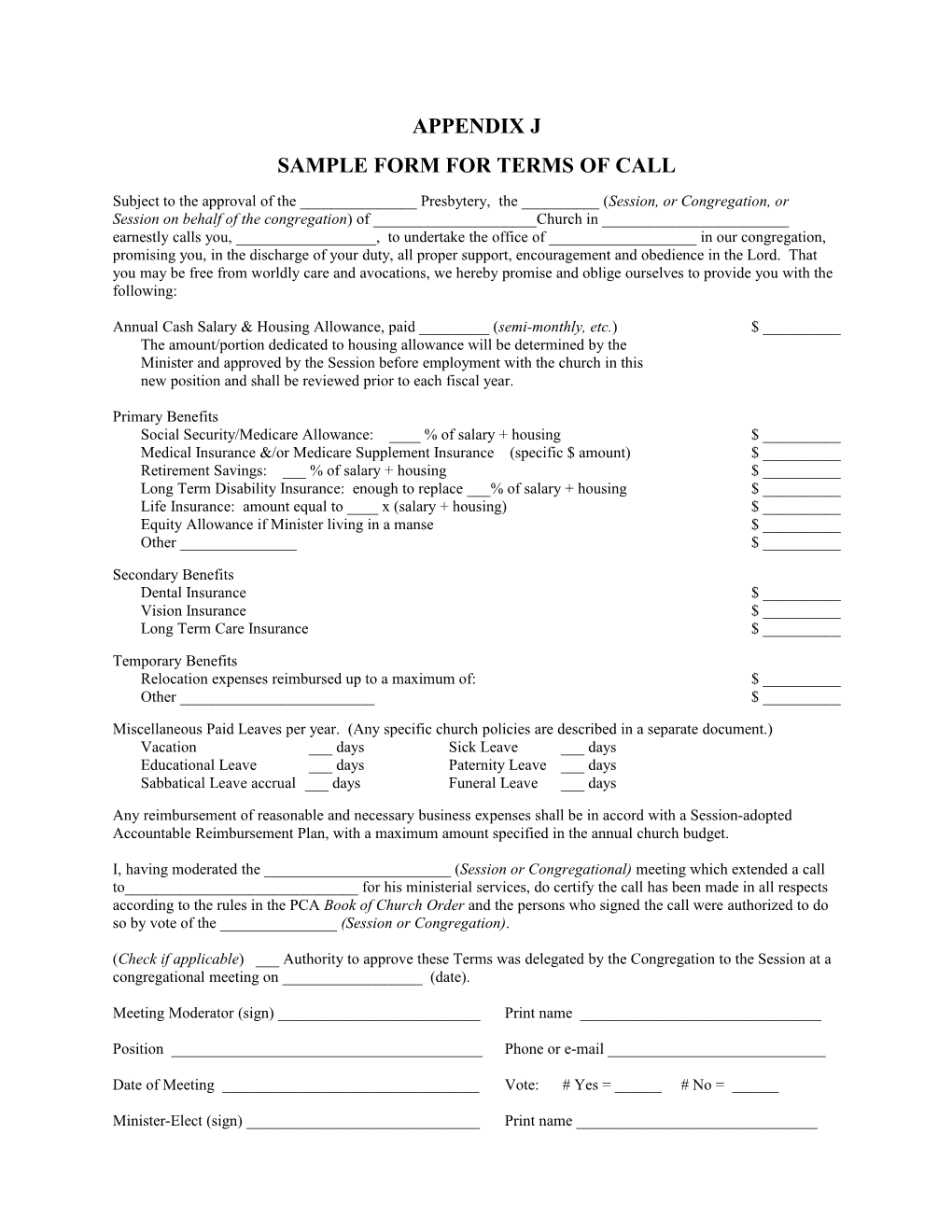 Sample Form for Terms of Call