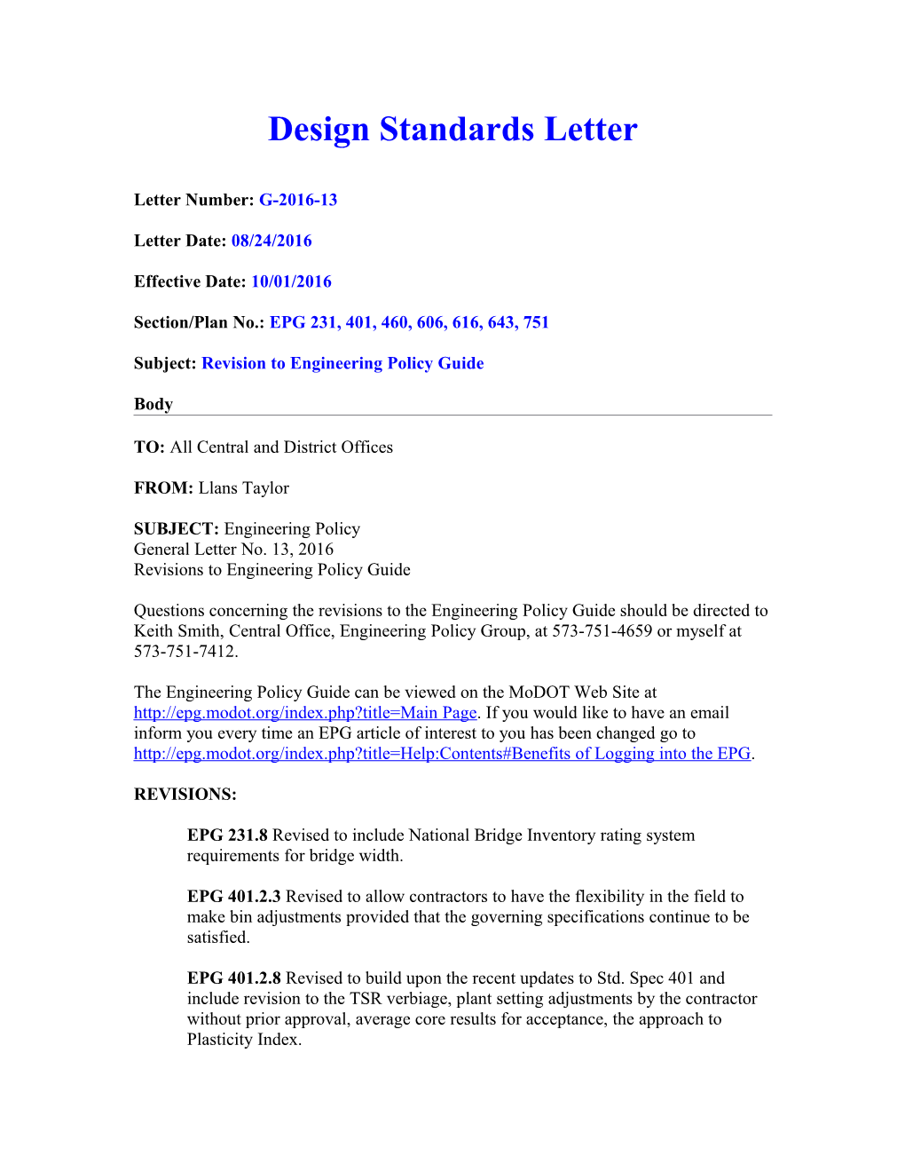 Design Standards Letter