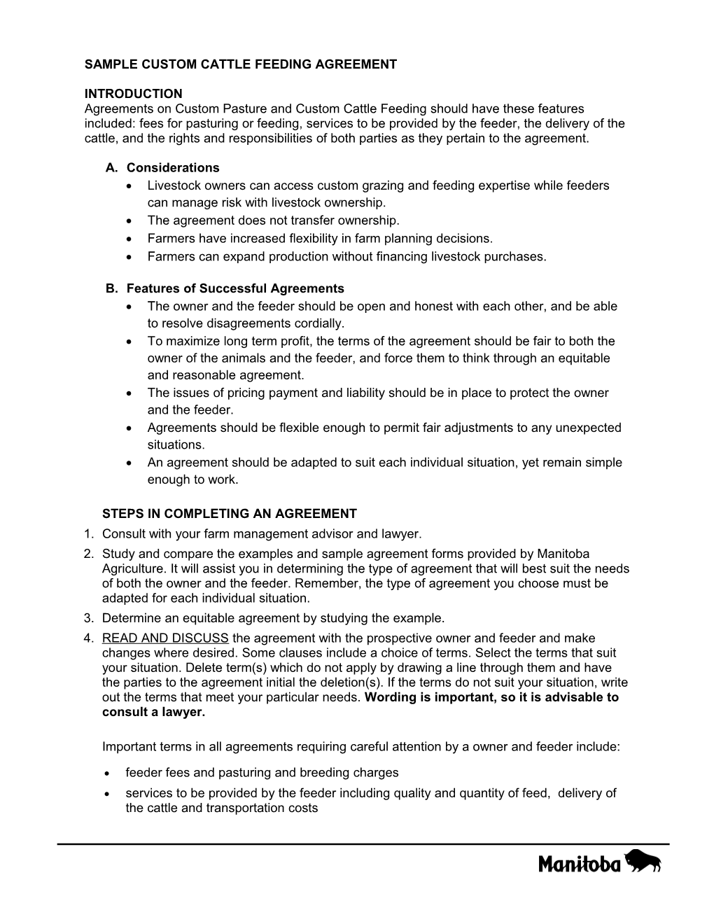 Custom Cattle Feeding Agreement