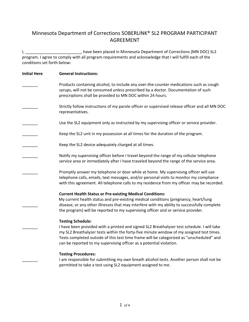 Minnesota Department of Corrections SOBERLINK SL2 PROGRAM PARTICIPANT AGREEMENT