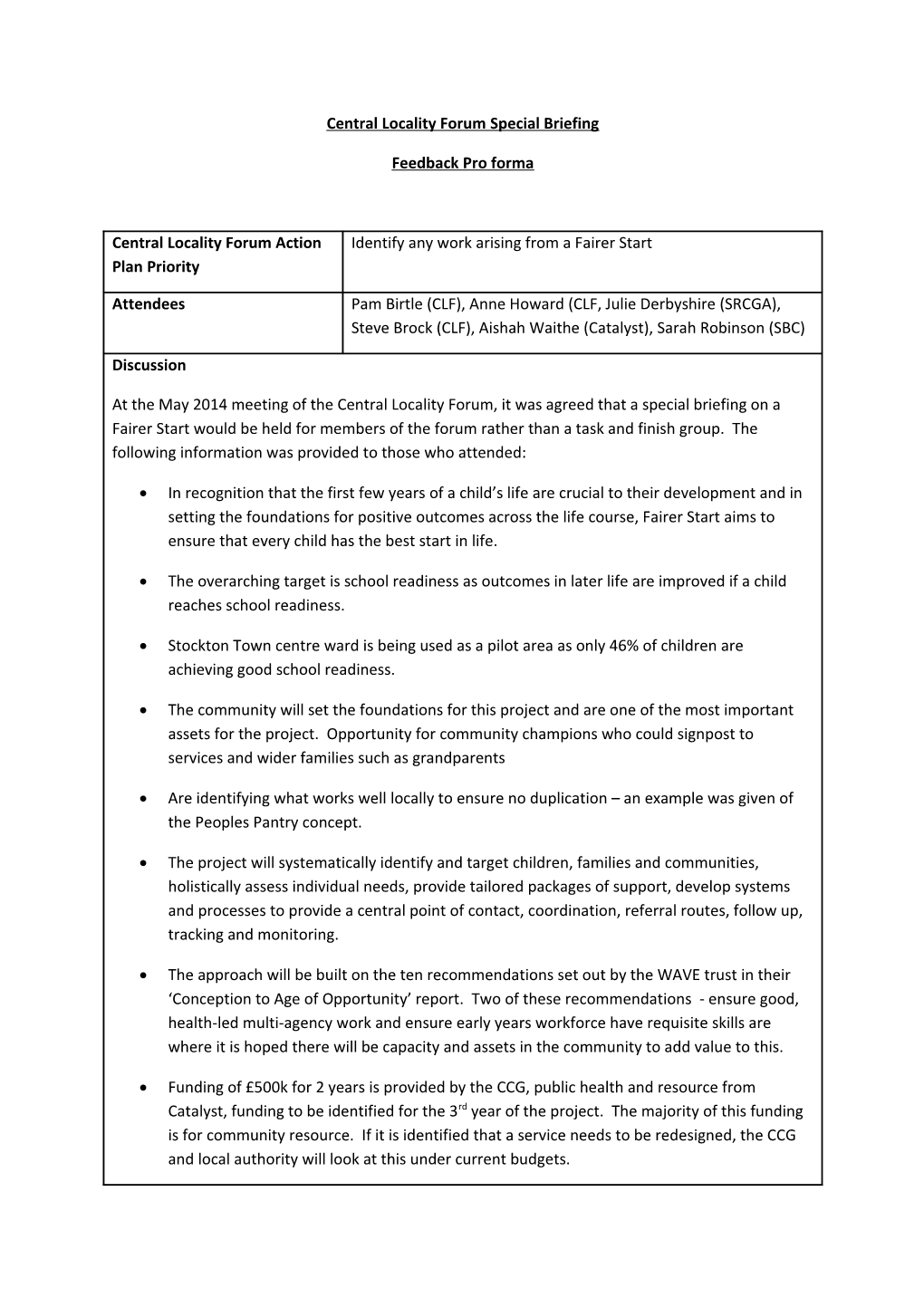 Central Locality Forum Special Briefing