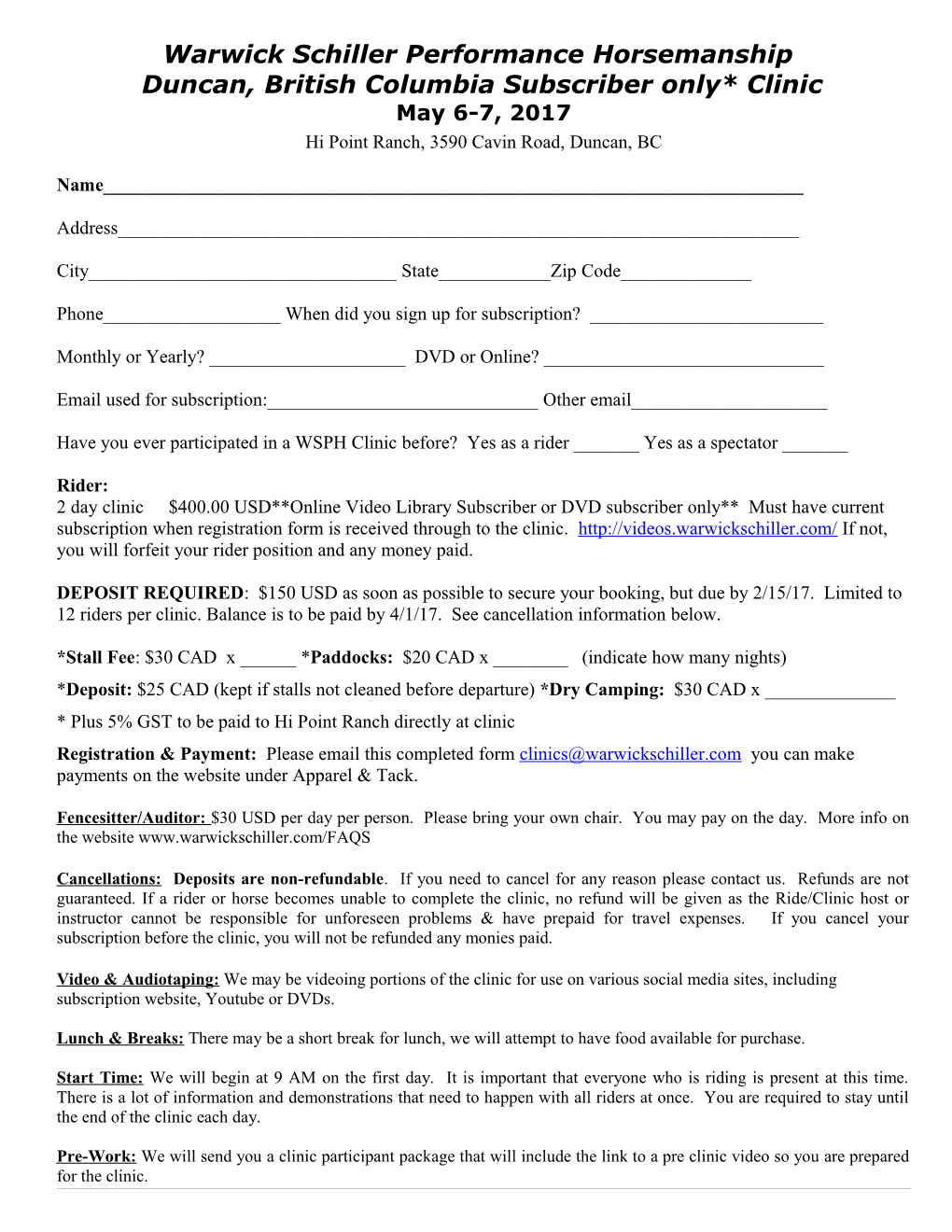 Rider Sign up Sheet