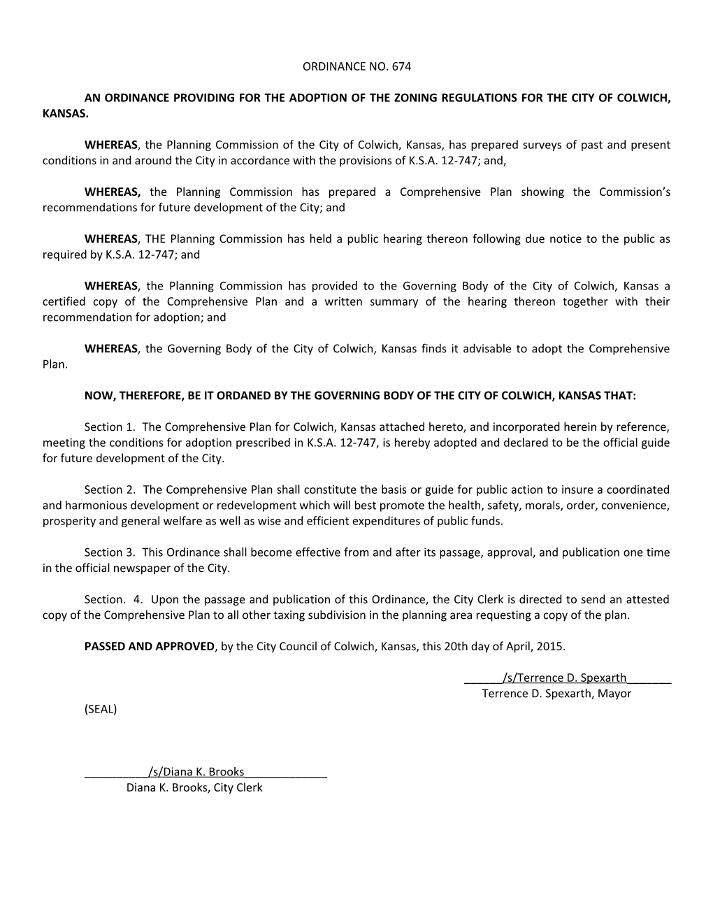 An Ordinance Providing for the Adoption of the Zoning Regulations for the City of Colwich