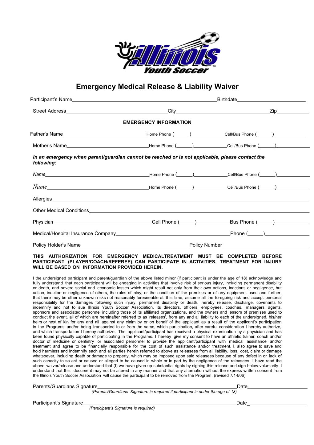 Emergency Medical Release Liability Waiver