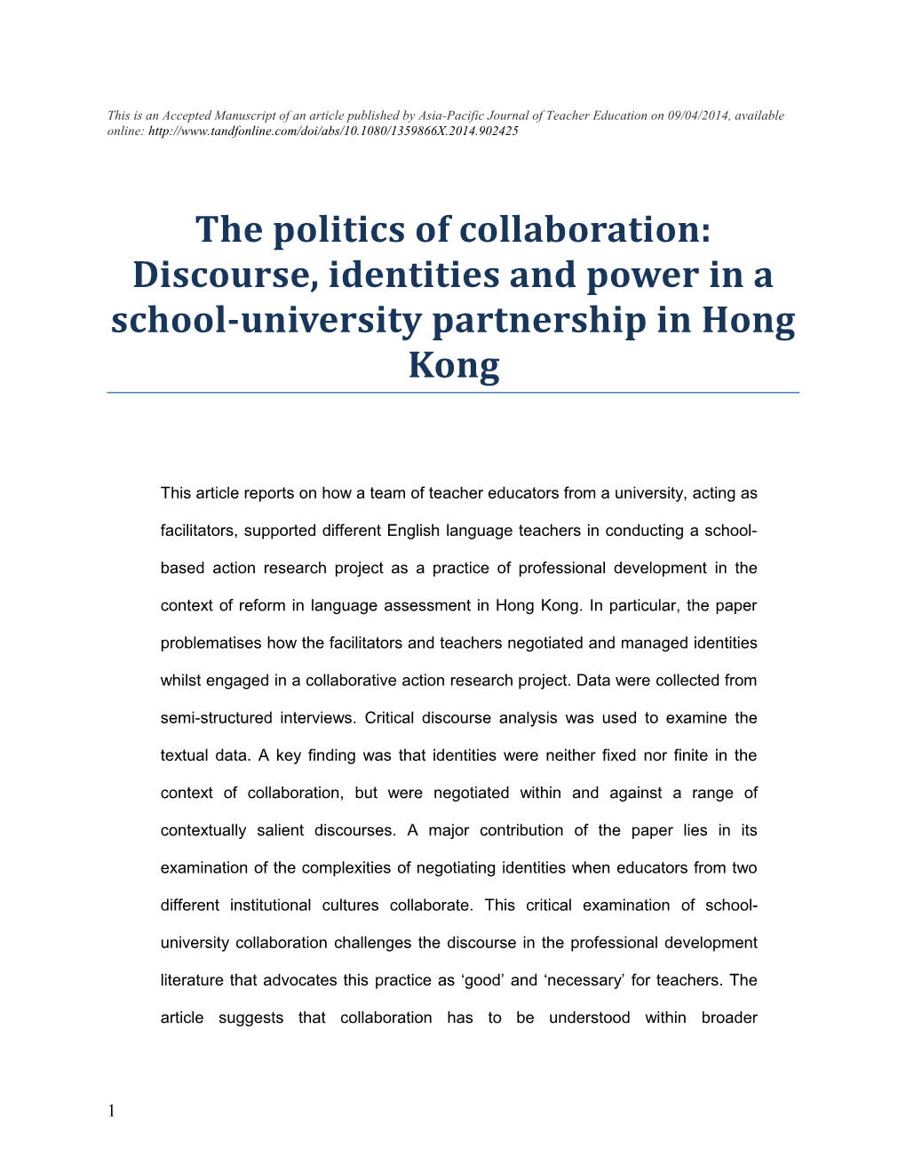 This Is an Accepted Manuscript of an Article Published by Asia-Pacific Journal of Teacher