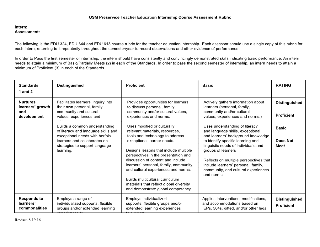 USM Preservice Teacher Education Internship Course Assessment Rubric