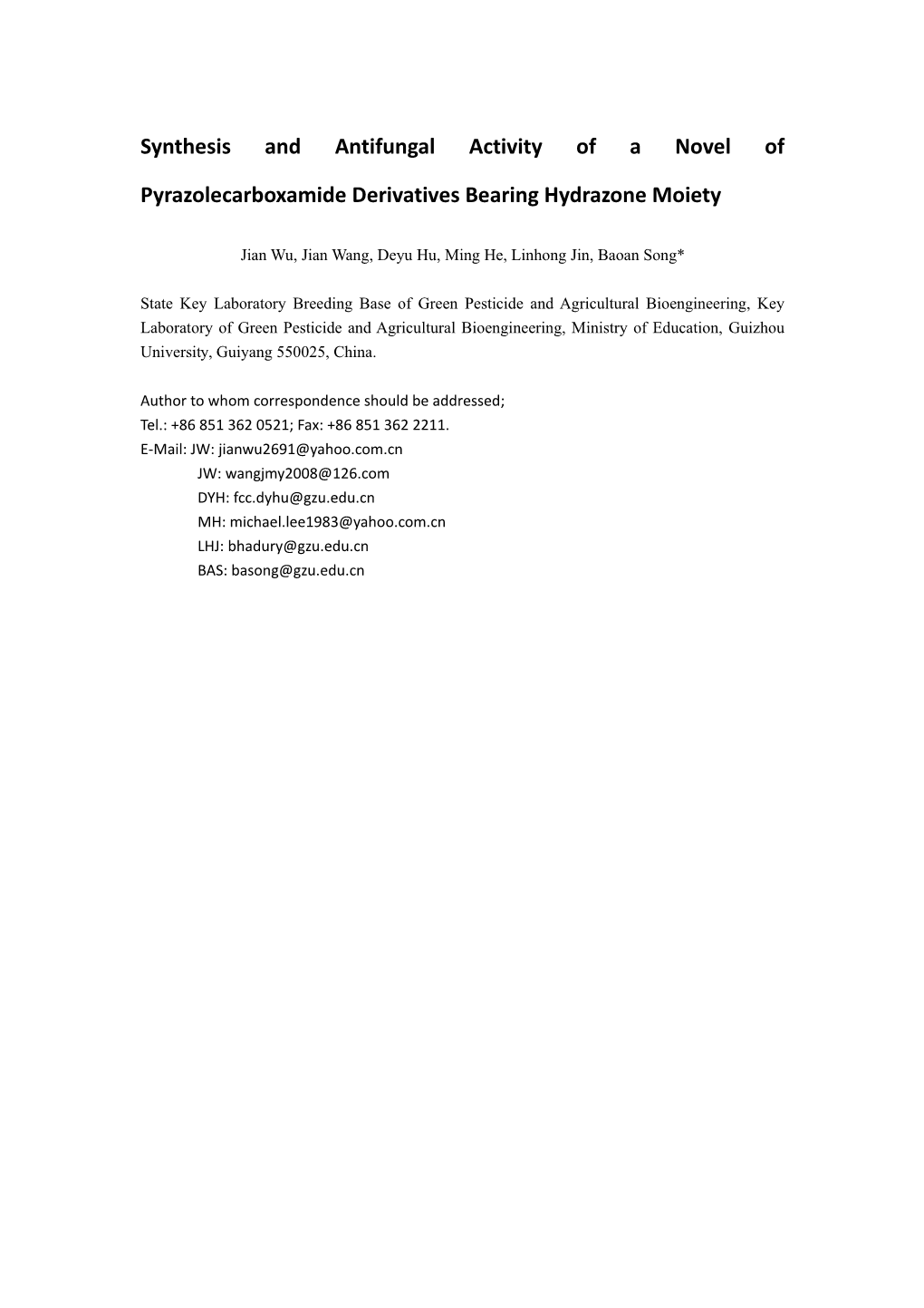 Synthesis and Antifungal Activity of a Novel of Pyrazolecarboxamide Derivatives Bearing