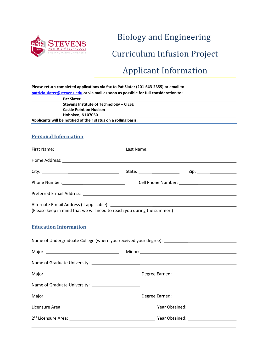 Physics and Engineering Curriculum Infusion Applicant Information