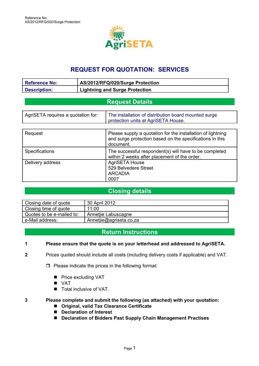 Request for Quotation: Services