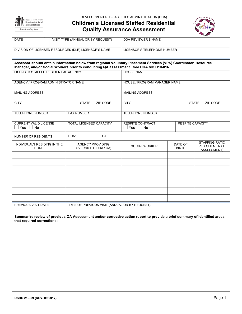 Children's Staffed Residential Quality Assurance Assessment