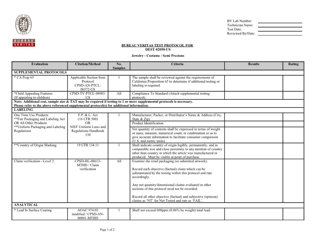 Bureau Veritas Test Protocol For