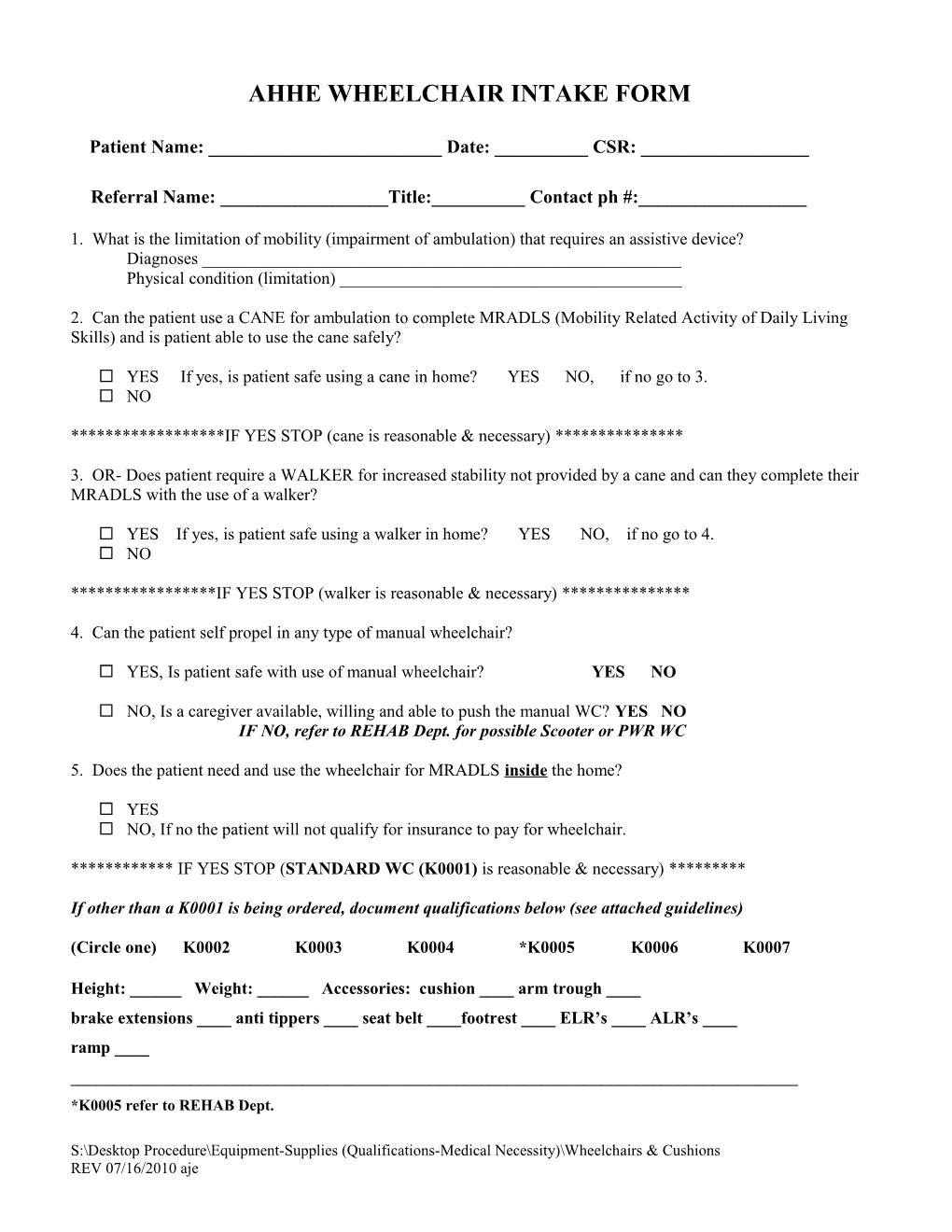 Wheelchair Intake Form