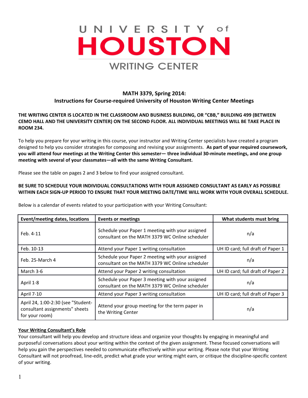 Instructions for Course-Required University of Houston Writing Center Meetings