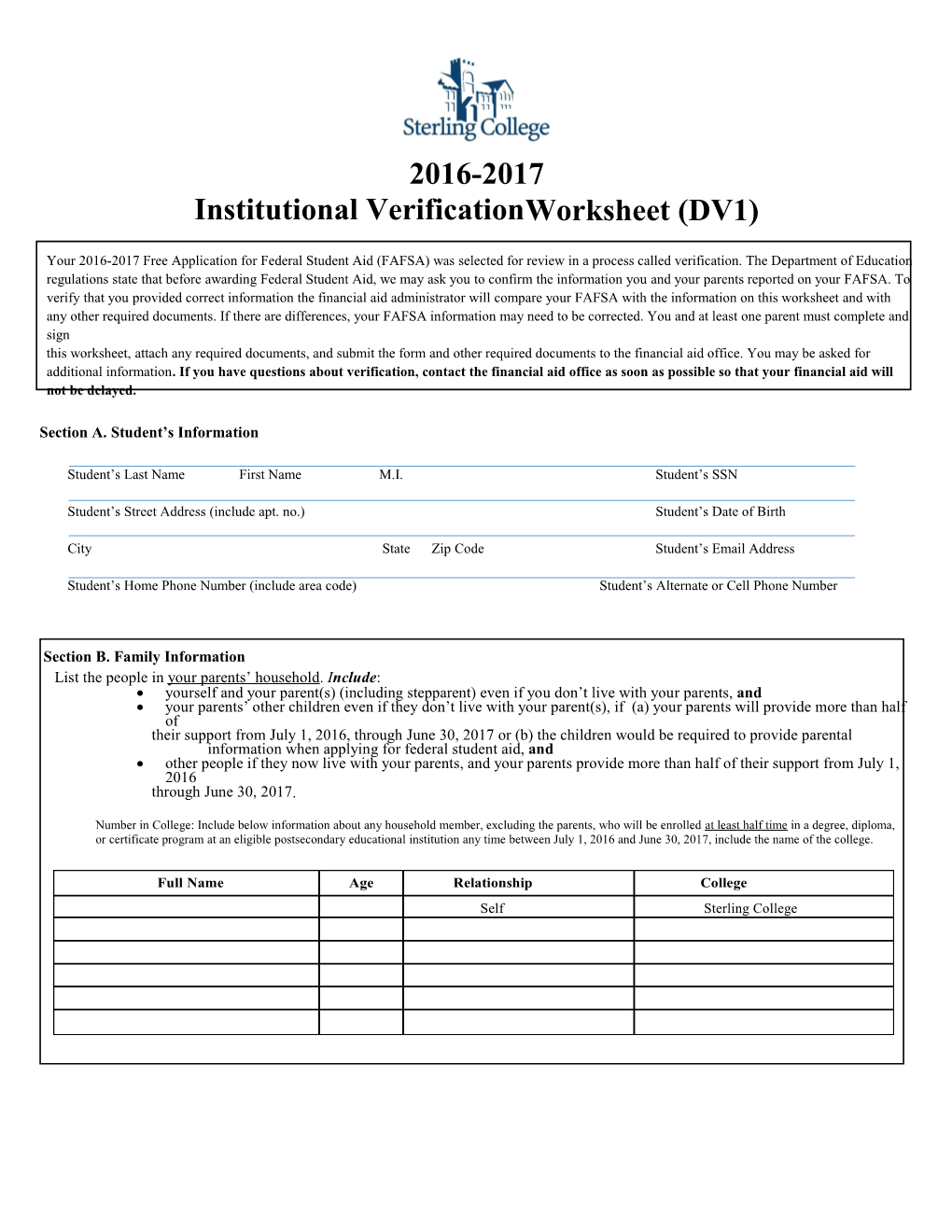 Institutional Verificationworksheet (DV1)