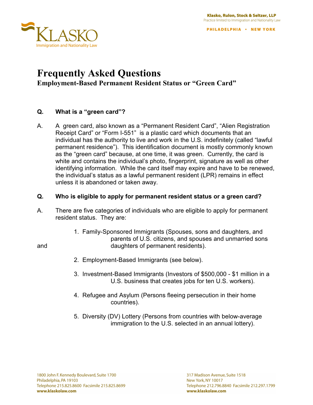 HRK/Aaz FAQ - Employment-Basedpermanent Res.Status Or Green (00000289;1)