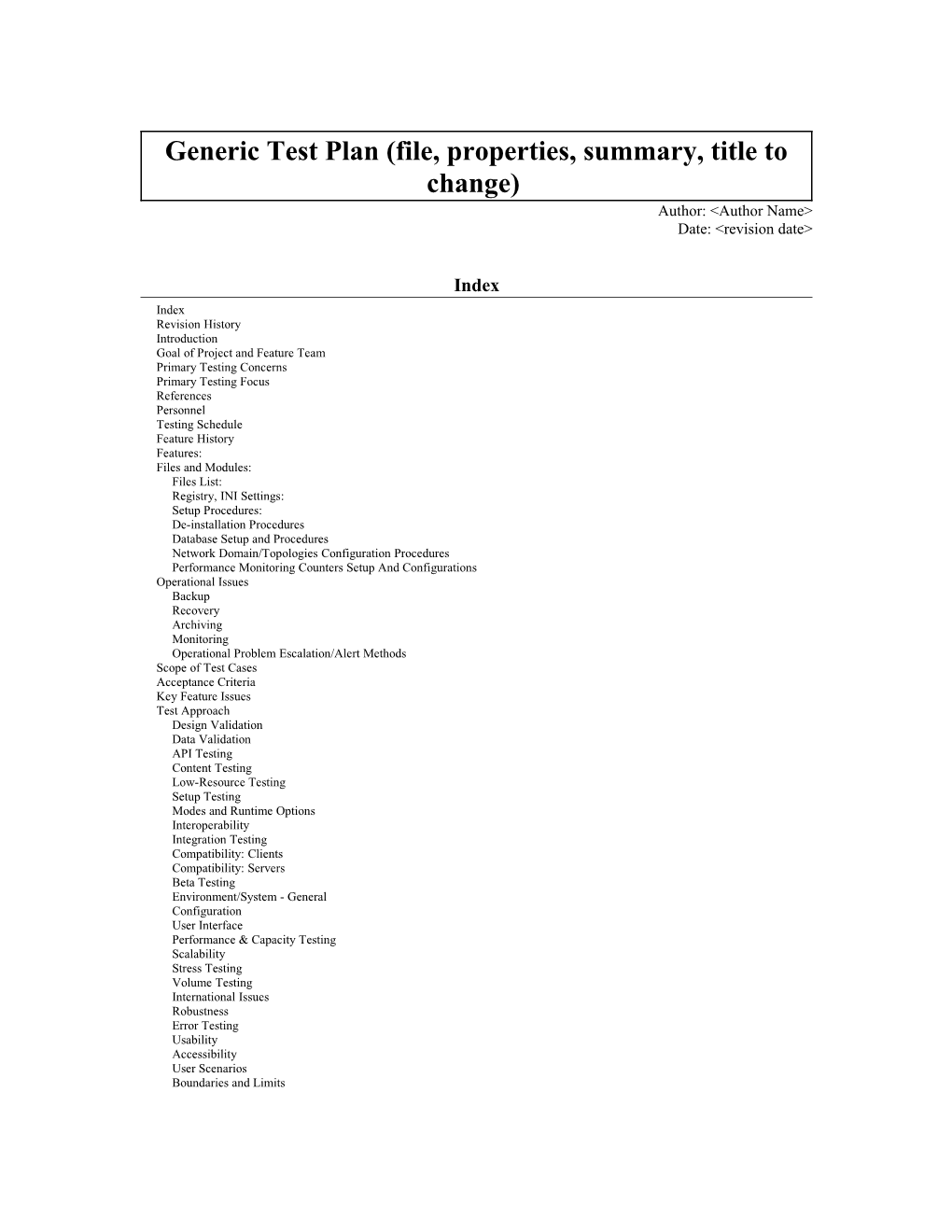 Generic Test Plan (File, Properties, Summary, Title to Change)