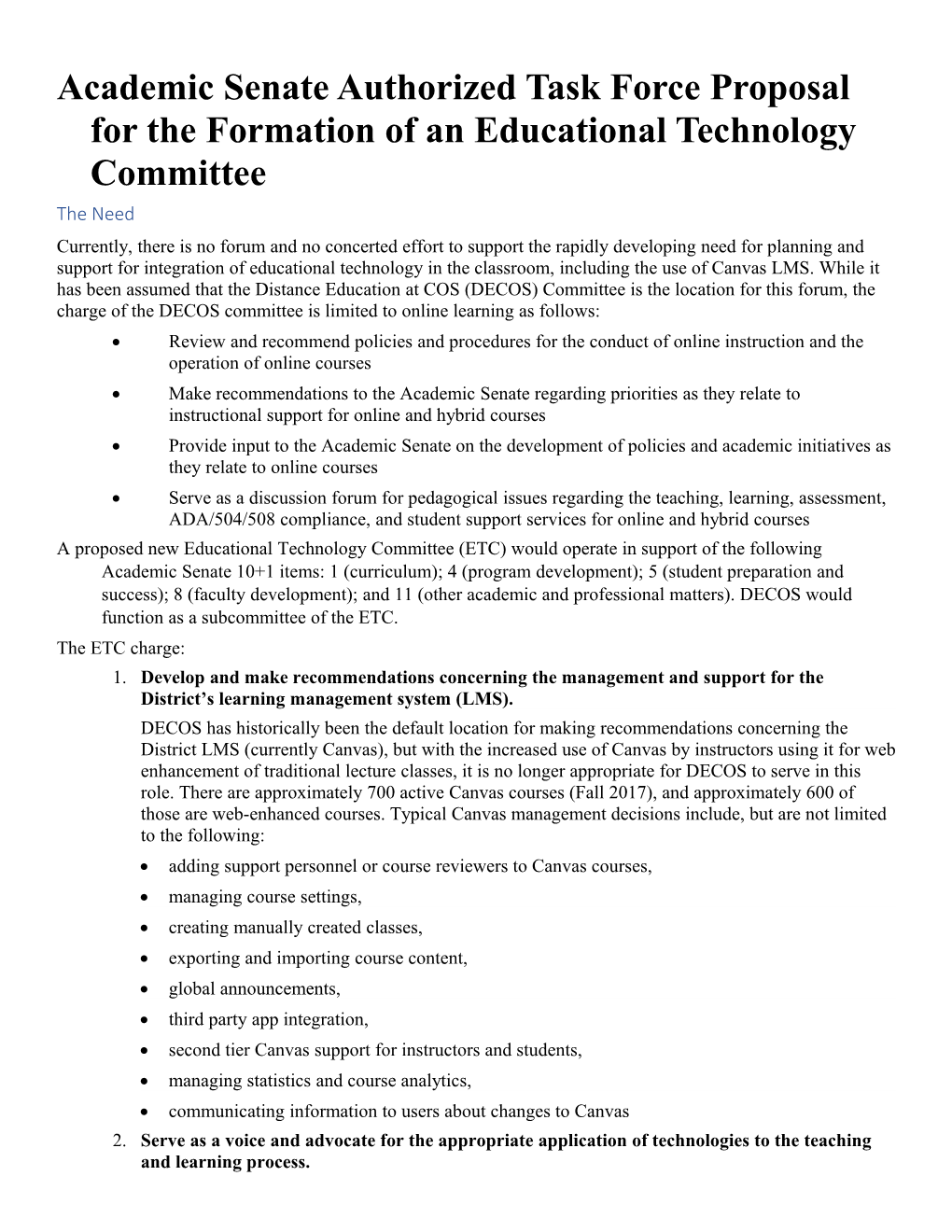 Academic Senate Authorized Task Forceproposal for the Formation of Aneducational Technology