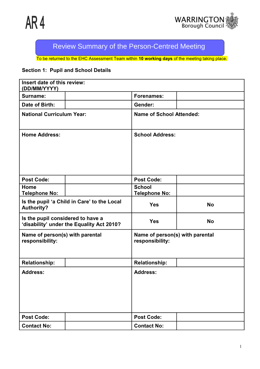 Section 1: Pupil and School Details