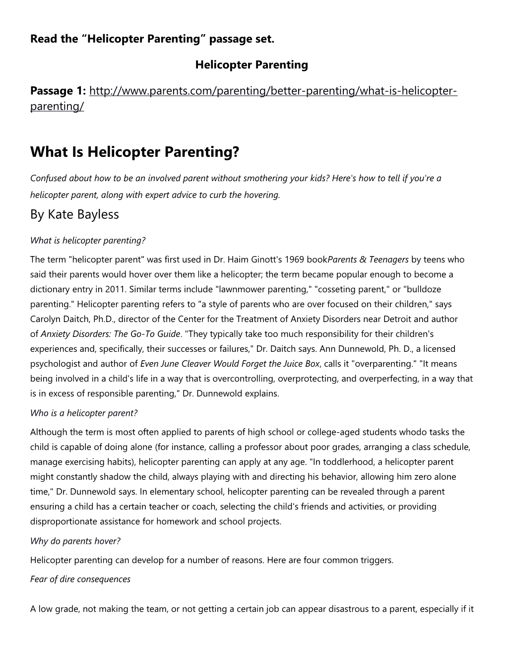 Read the Helicopter Parenting Passage Set
