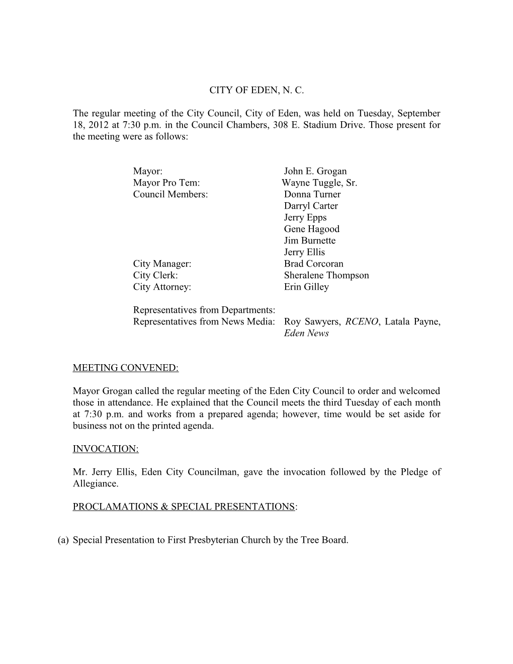 Minutes of the Regular September 18, 2012 Meeting of the City Council, City of Eden