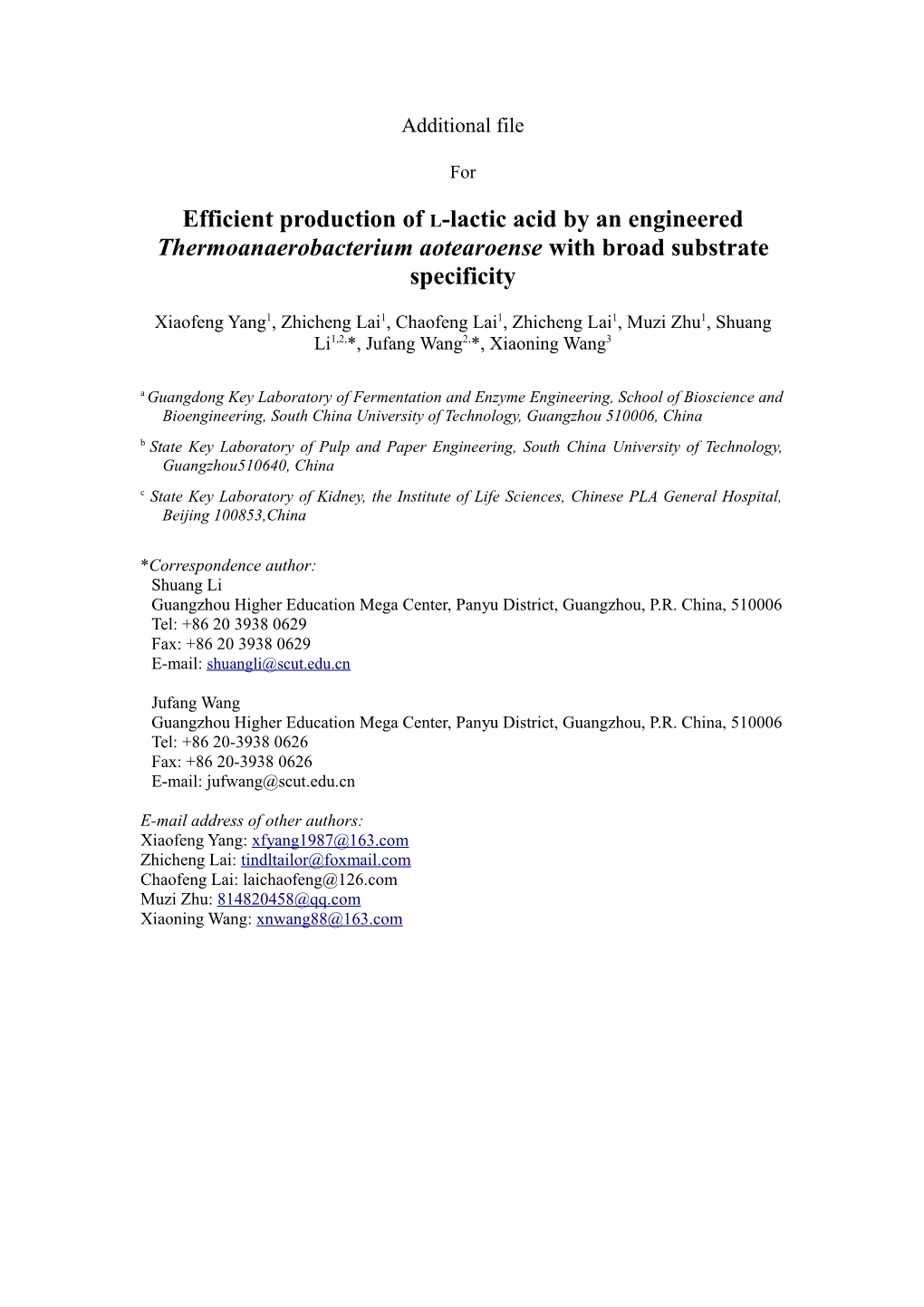 Efficient Production of L-Lactic Acid by an Engineered Thermoanaerobacterium Aotearoense