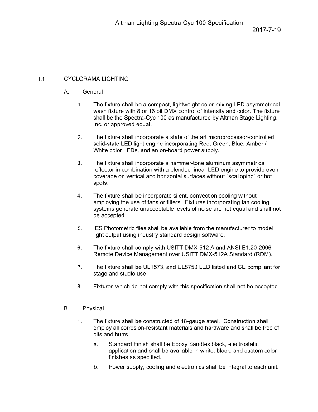 Altman Lighting Spectra Cyc 100 Specification