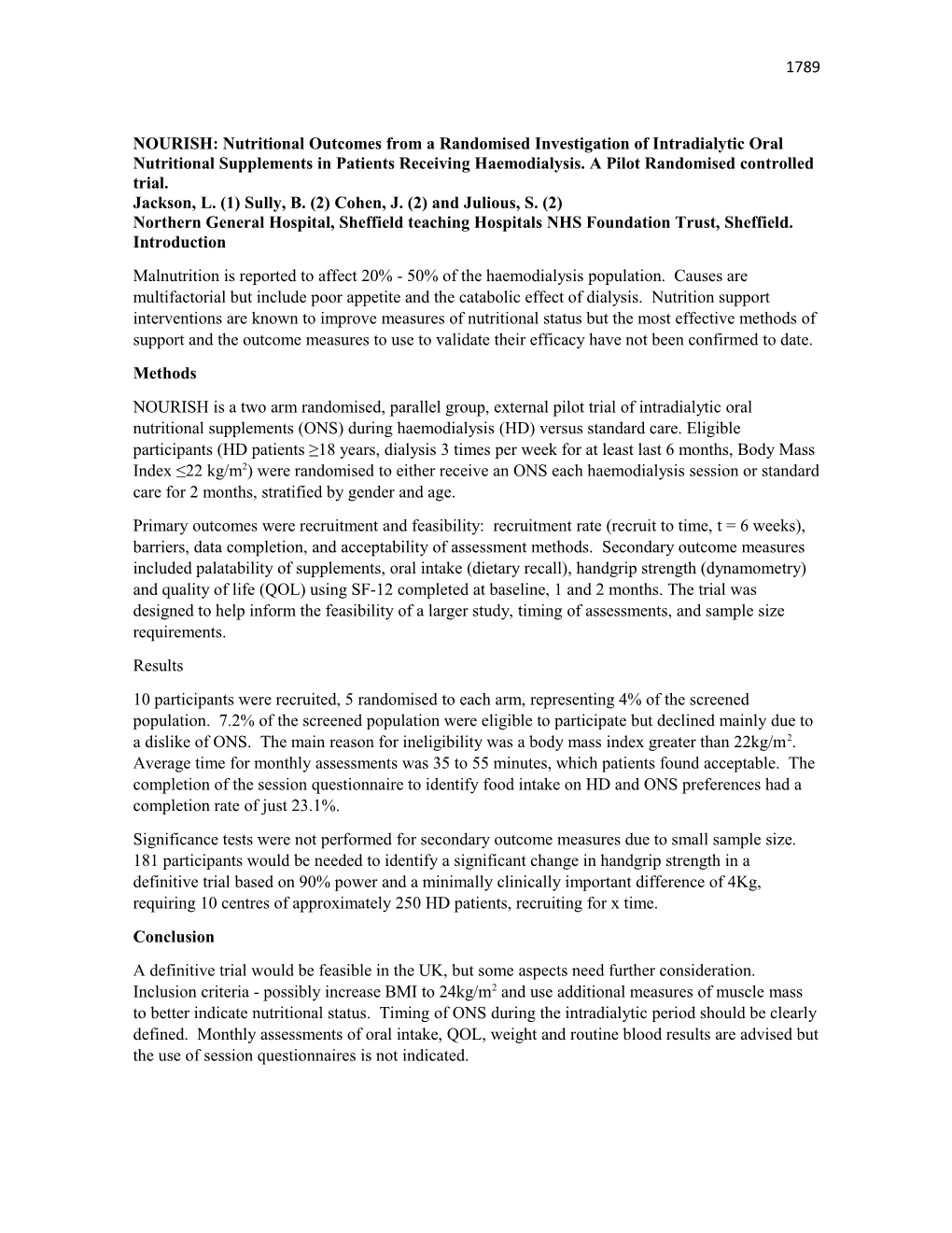 NOURISH: Nutritional Outcomes from a Randomised Investigation of Intradialytic Oral Nutritional