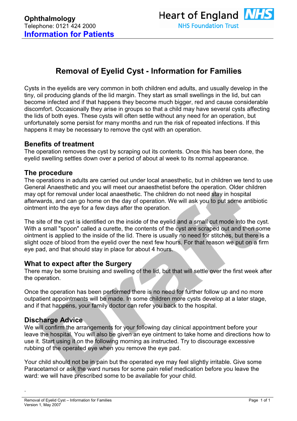 Removal of Eyelid Cyst - Information for Families