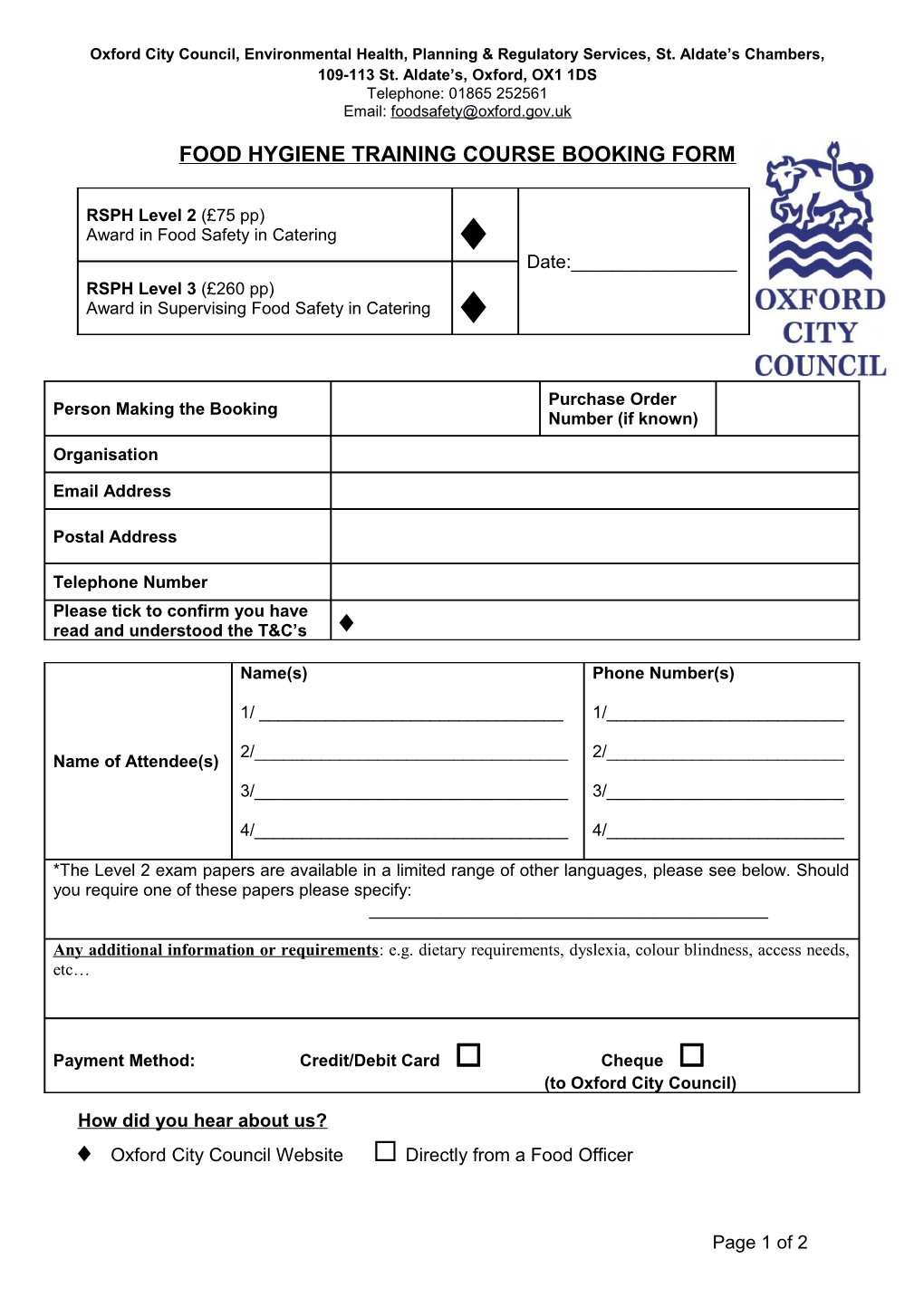 Oxford City Council, Environmental Health,Planning & Regulatory Services, St. Aldate S