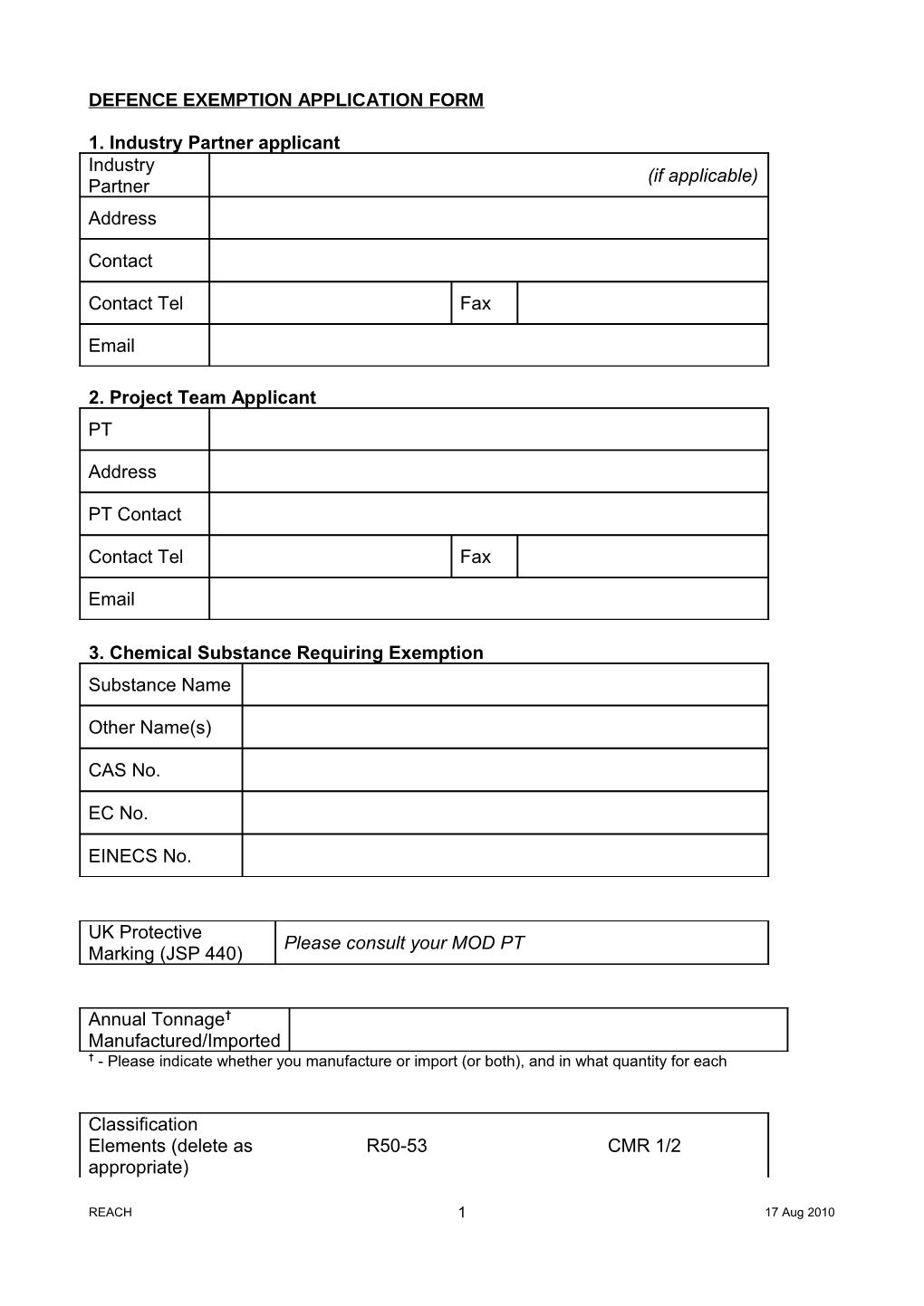 Defence EXEMPTION APPLICATION FORM