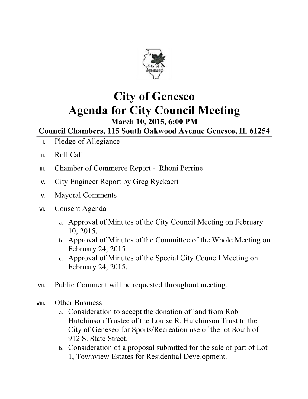 Agenda for City Council Meeting