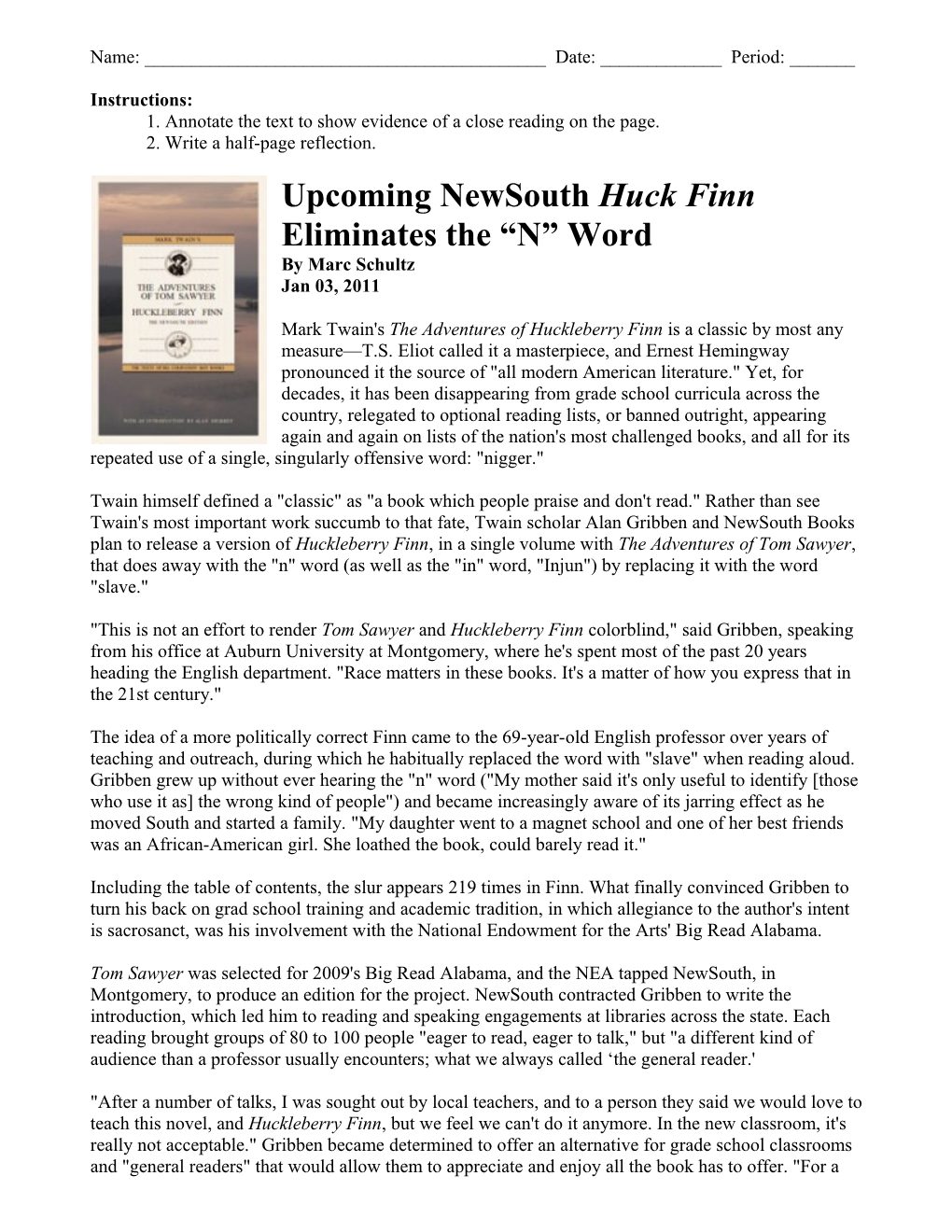 Upcoming Newsouth Huck Finn Eliminates the N Word