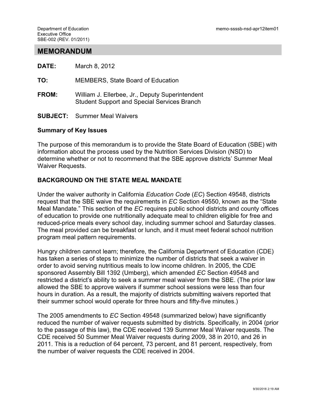 April 2012 Memorandum NSD Item 1 - Information Memorandum (CA State Board of Education)