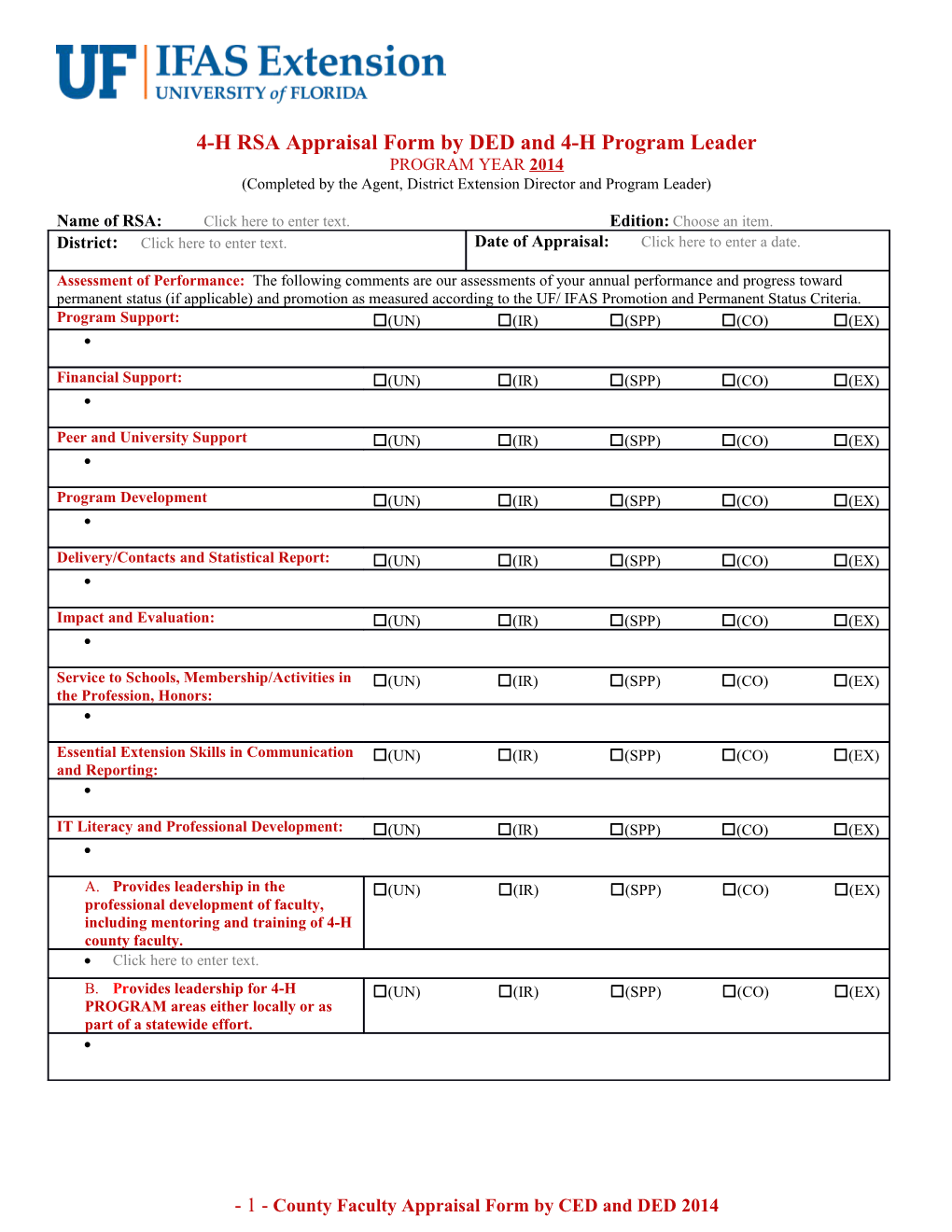 4-H RSA Appraisal Form by DED and 4-H Program Leader