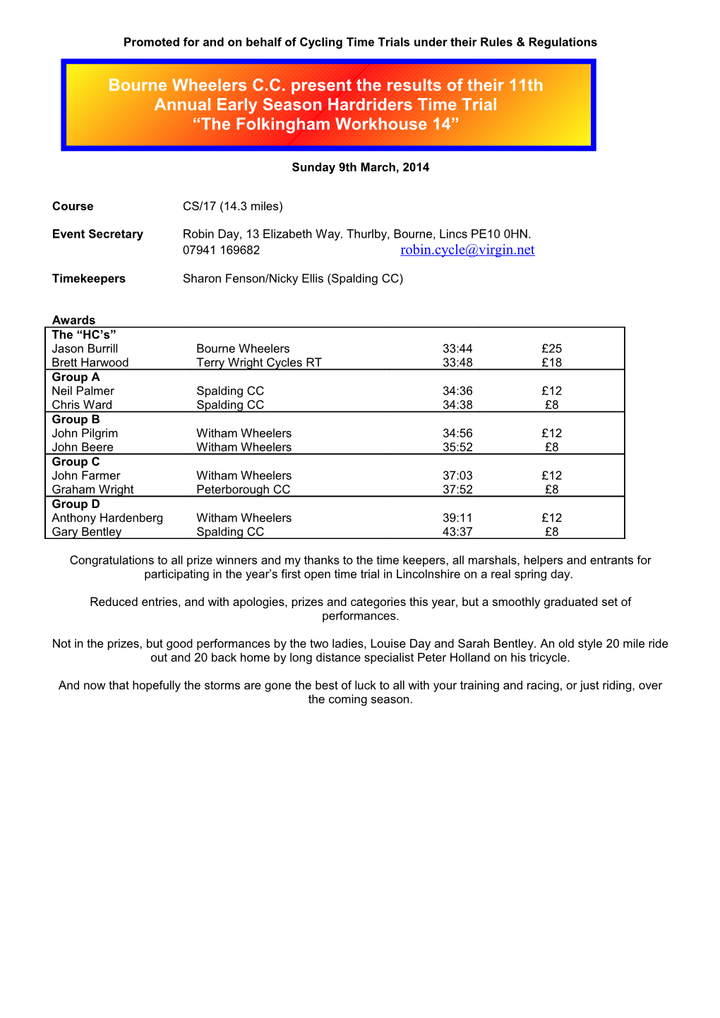 Promoted for and on Behalf of Cycling Time Trials Under Their Rules & Regulations