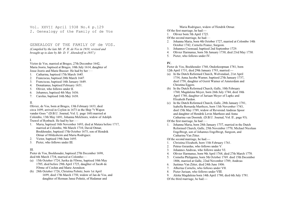 2. Genealogy of the Family of De Vos