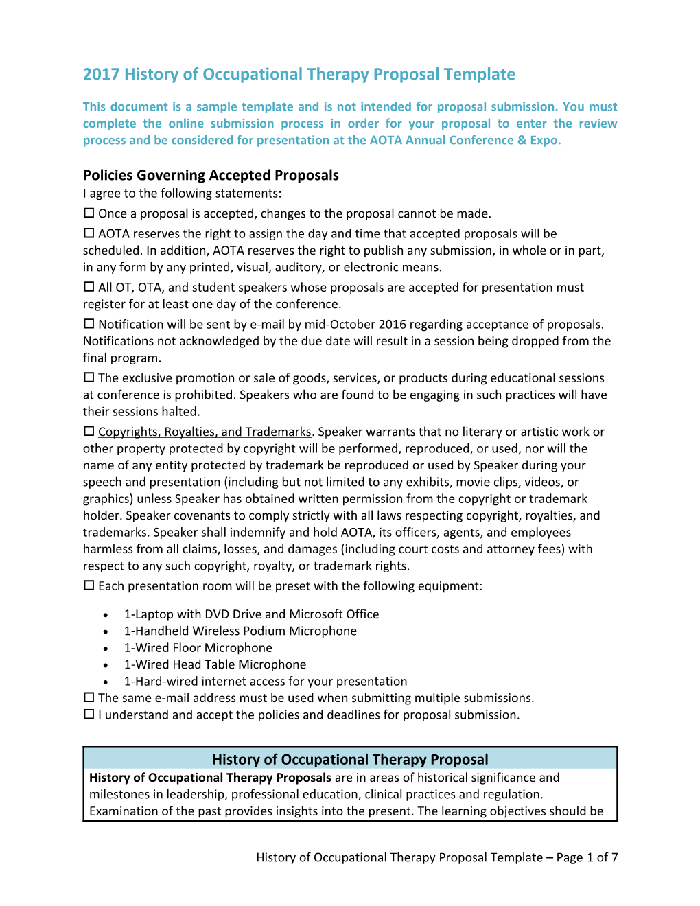 2017 History of Occupational Therapy Proposal Template