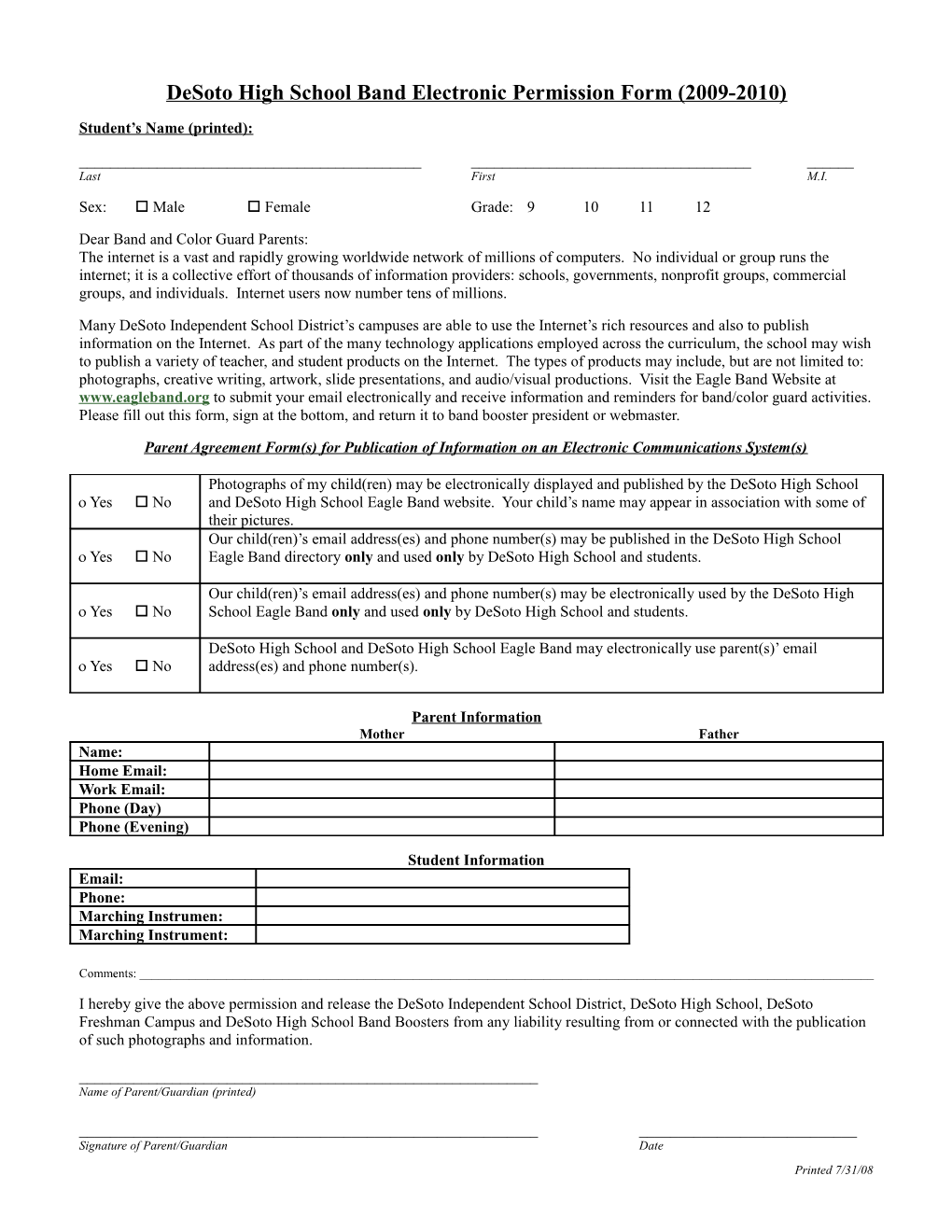 Desoto Eagle Band Medical Information Form