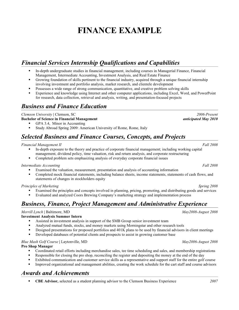 Financial Services Internship Qualifications and Capabilities